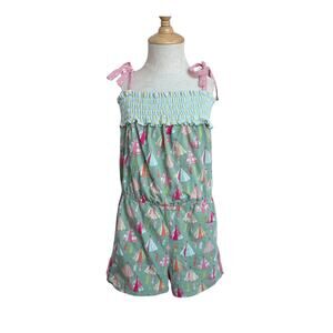 Matilda Jane Girls Romper Size 6 Teepee Camp Print Smocked Top Tie Straps